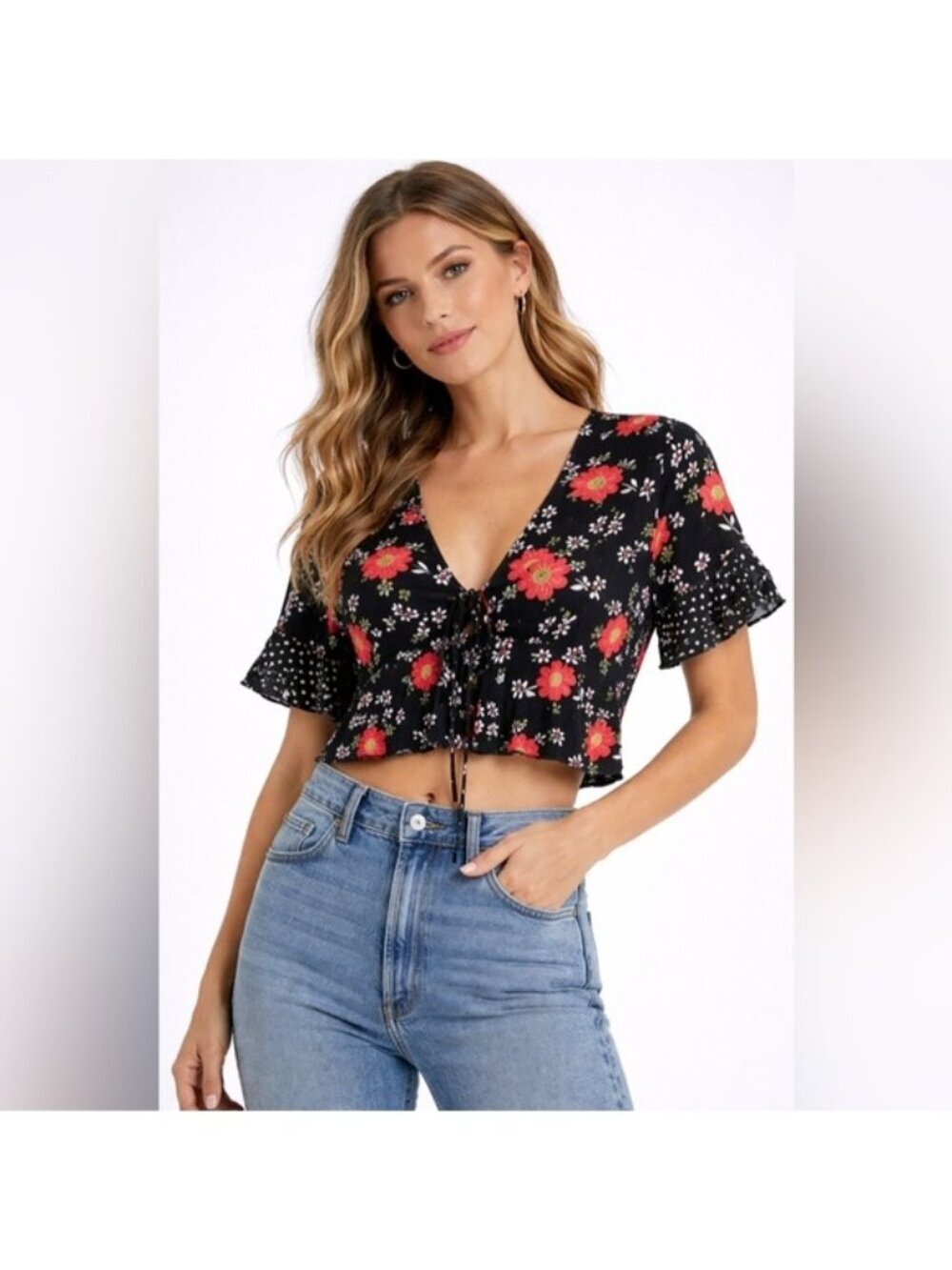Urban Outfitters Black Floral Tie-Front Crop Top